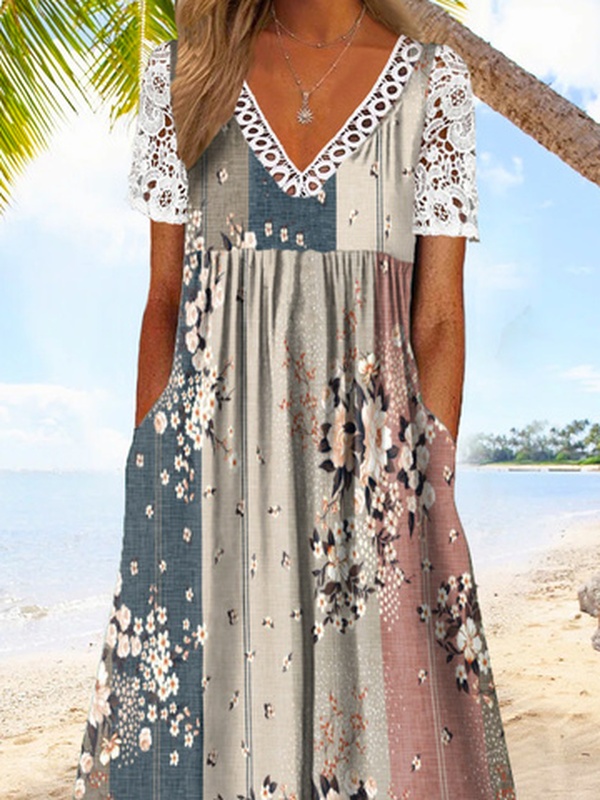 Floral Lace Short Sleeve Hollow Out Lace V Neck Pockets