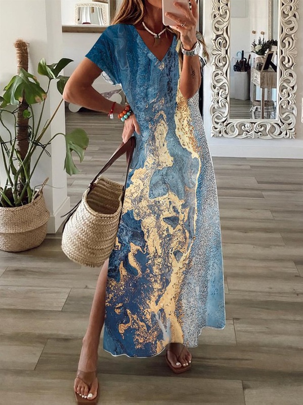 Seawater Casual V Neck Handmade Dress