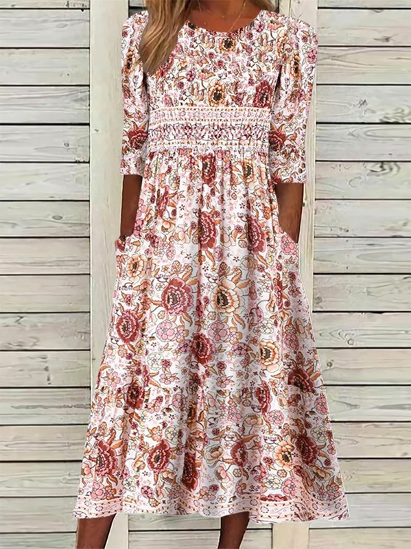 Disty Floral Half Sleeve Pocket Stitching Vacation Handmade Dress