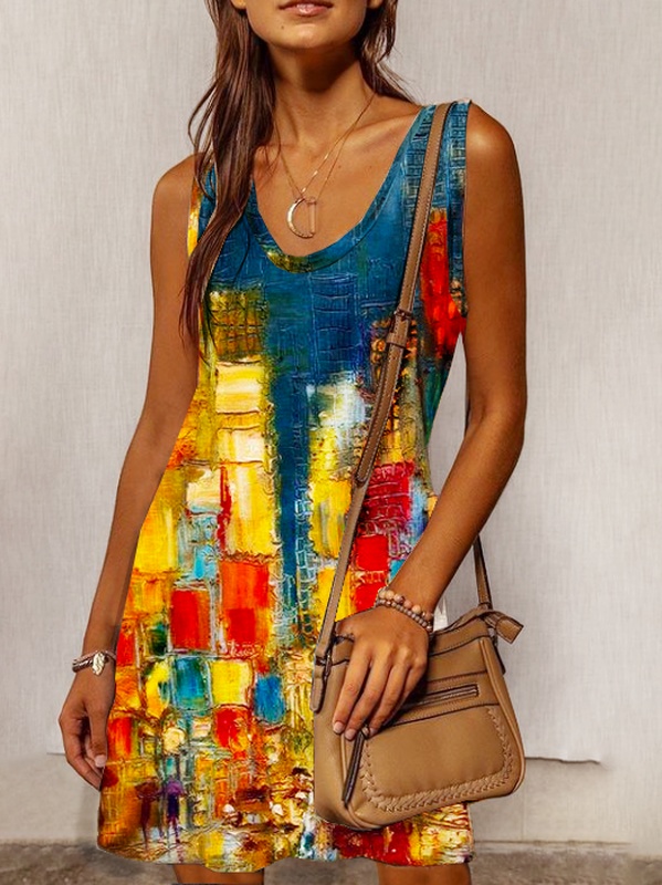 Boho Vintage Abstract Print V Neck Knitting Casual Handmade Dress