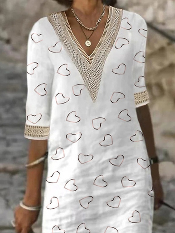 Love Heart Hollow Out Lace V Neck Half Sleeve Casual