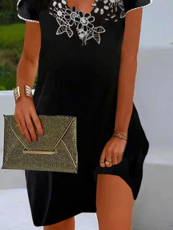 Lace Edge V Neck Short Sleeve Plain Casual Tunic Handmade Dress