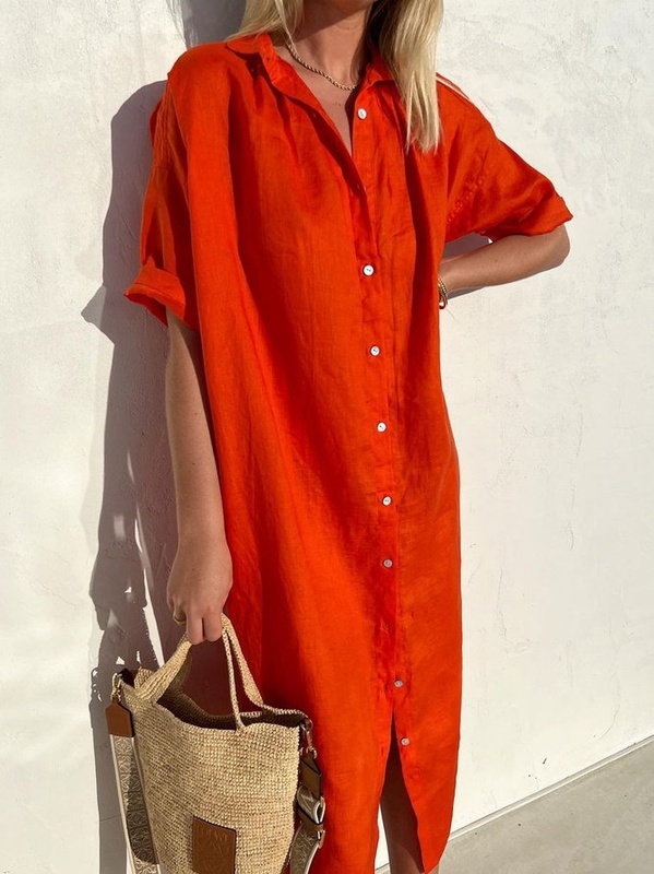 Loose Shirt Collar Casual Cotton Handmade Dress