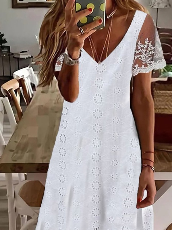 Casual Plain V Neck Lace A Line Handmade Dress